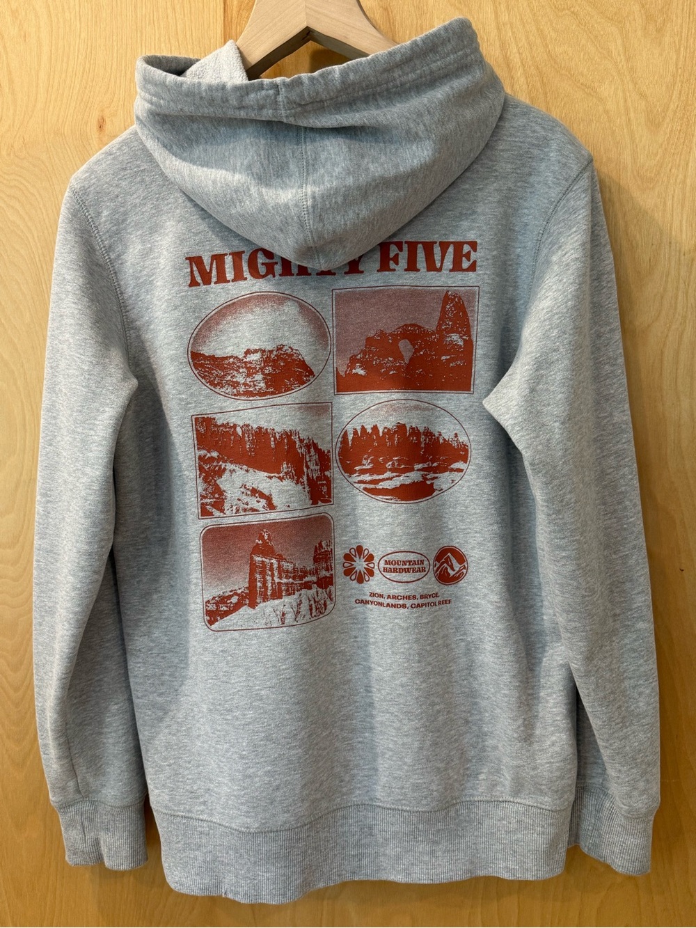 The Mountain Hardware Gray Hoodie with Mighty Five national parks